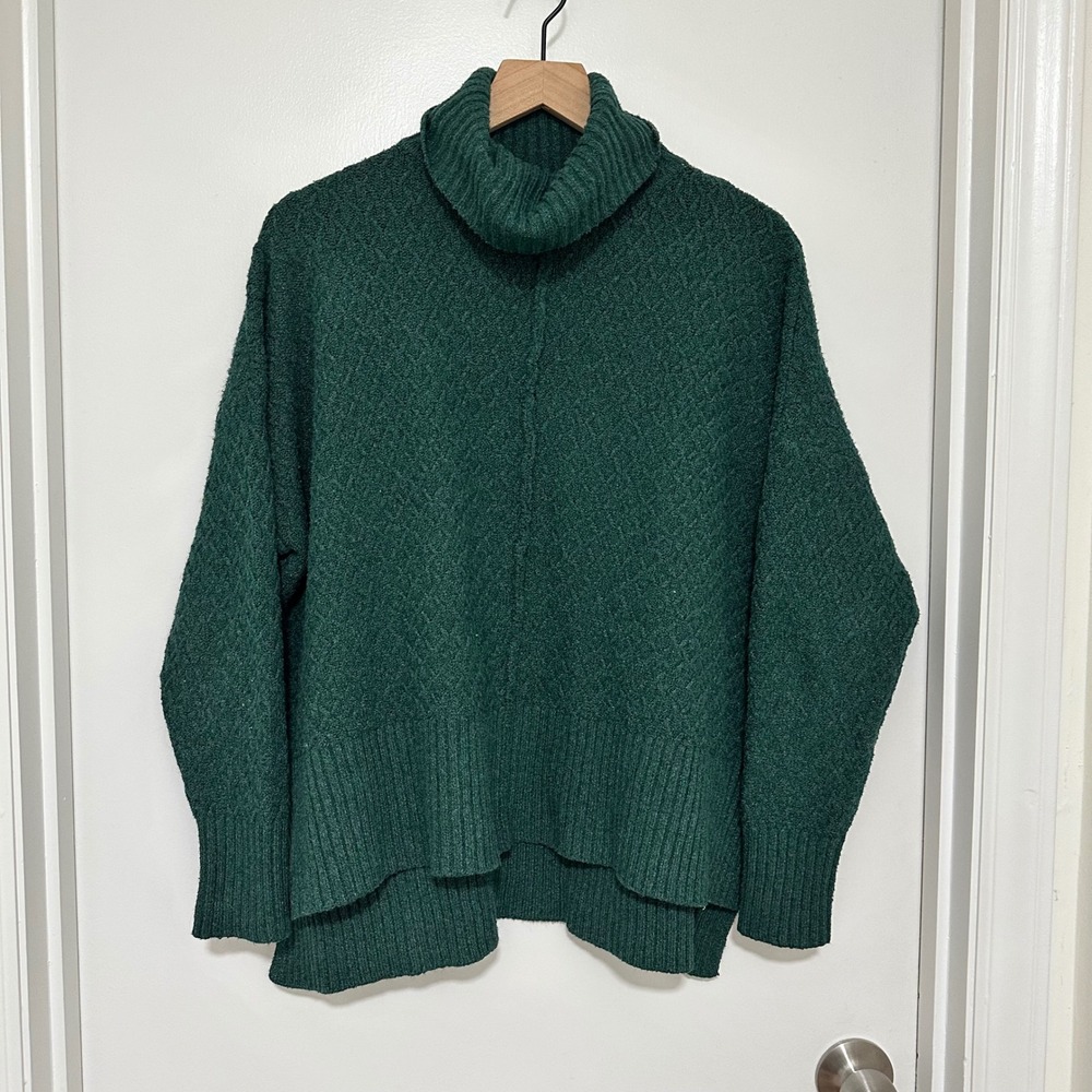 ABLE | Women's Forest Green Textured Knit High Low Hem Turtleneck Sweater, M